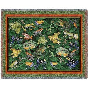 New Frog Woven Afghan Throw Blanket Leapfrog Toad Frogs Green Marsh Jump Hop NIP